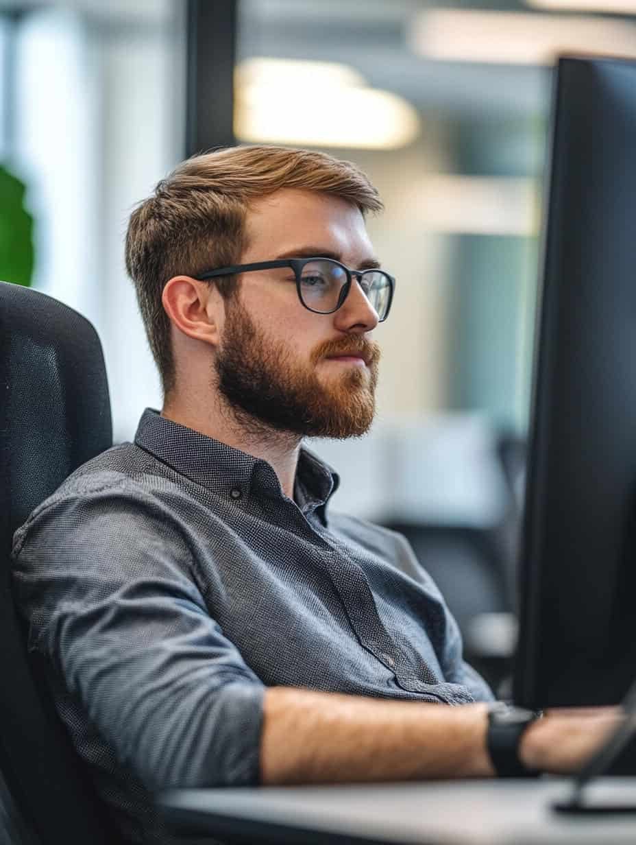 IT-Mitarbeiter am Schreibtisch mit Bildschirm